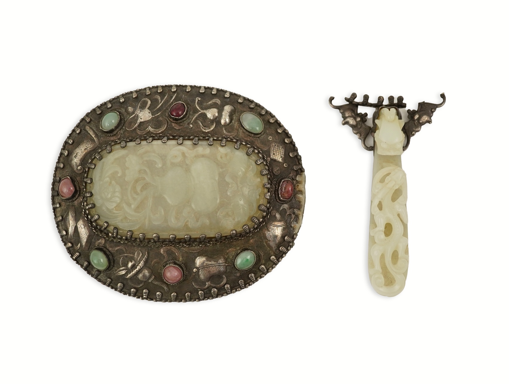A Chinese jade and cabochon mounted hand mirror, the jade 18th/19th century